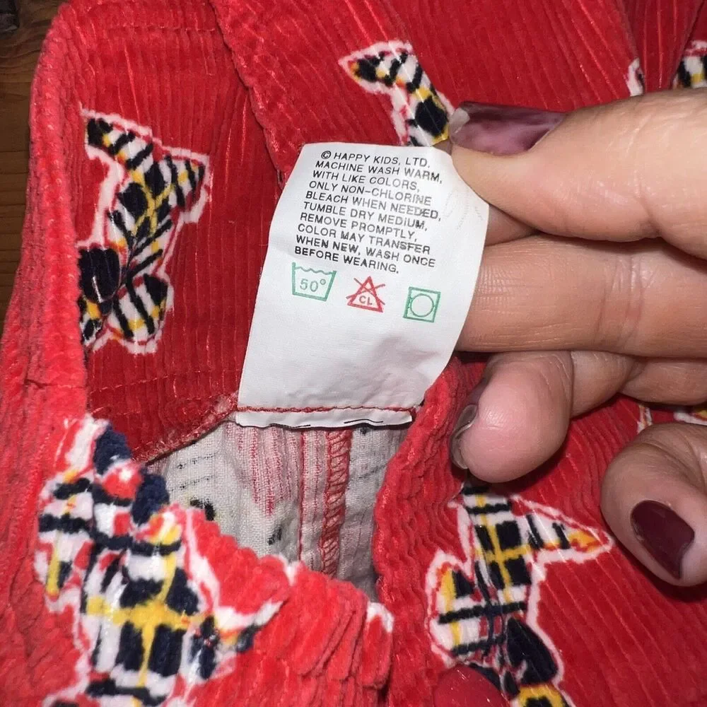 Vintage Happy Kids Red Corduroy Dog Print Overalls Child Size 4T